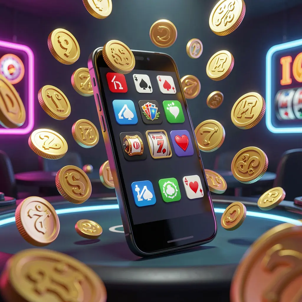 60VIP Android casino app concept displayed on a modern phone with app icons, surrounded by golden coins and slot symbols floating in a neon casino atmosphere, realistic 3D render