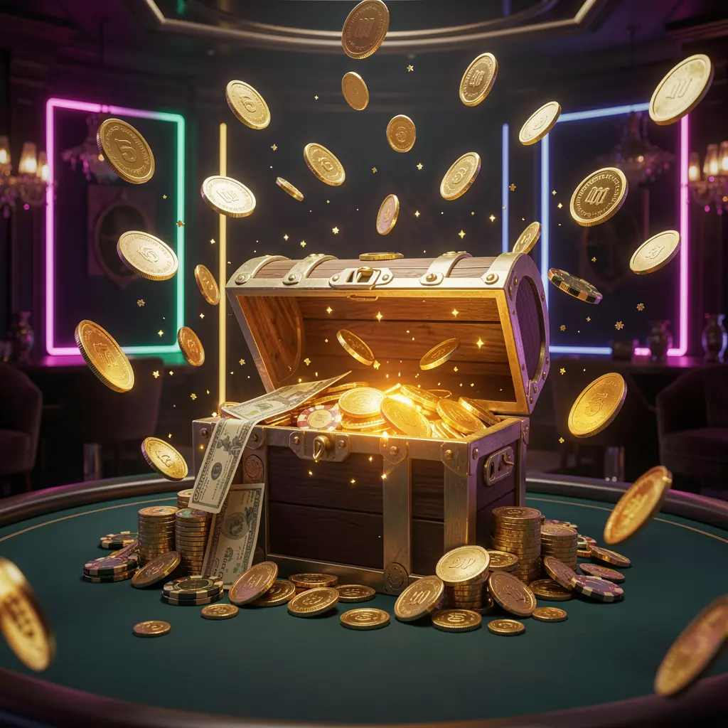 60VIP premium online casino bonus banner featuring golden coins flying in the air and a glowing treasure chest filled with chips and cash against a luxury dark background with neon accents, creating a festive and elegant casino atmosphere