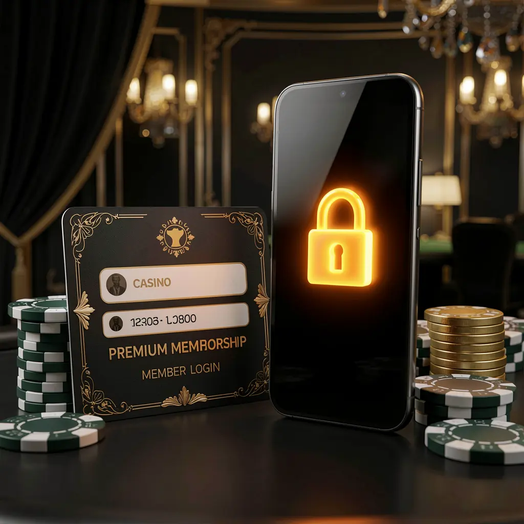 60VIP casino member login concept showing a premium membership card beside a smartphone with a glowing lock symbol, poker chips and coins on a black and gold luxury background in a realistic 3D illustration