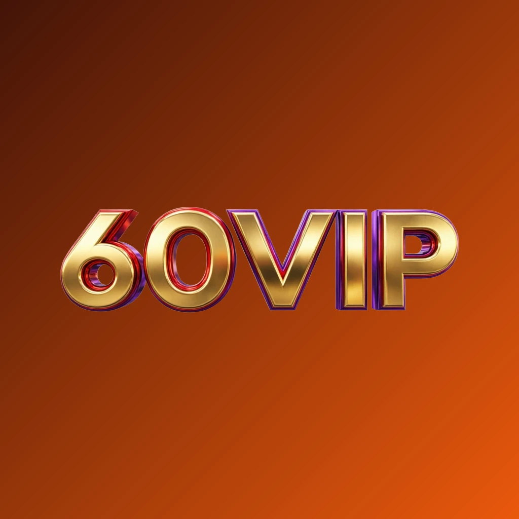 Bright premium 60VIP logo featuring thick uppercase typography in vivid gold, red, and purple colors with a polished metallic finish on a transparent background, designed as a wide horizontal rectangular wordmark for website headers