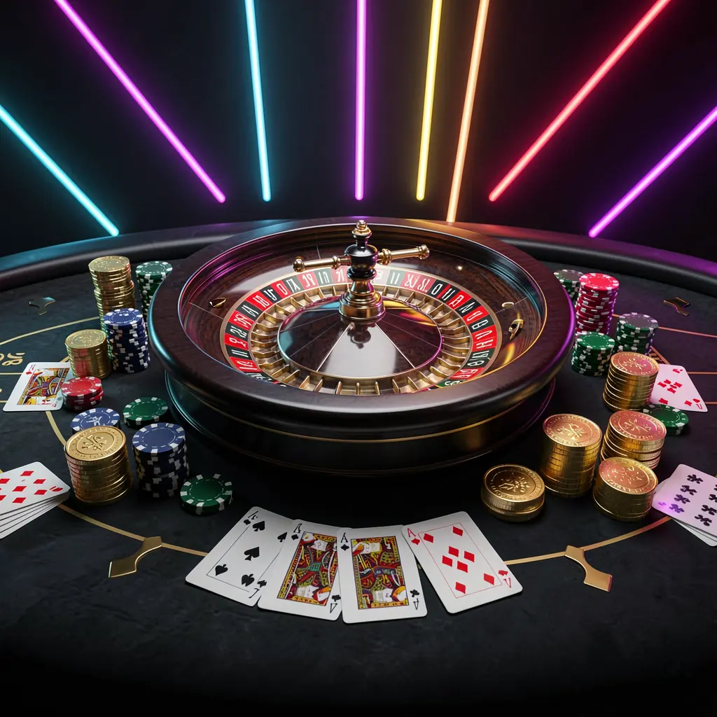 60VIP online casino homepage hero banner featuring a luxury casino table with a roulette wheel, poker chips, playing cards, and golden coins against a dark premium background with neon glow in a cinematic 3D render